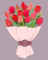 ramalhete do vermelho tulipas dentro pó papel com uma alça em uma lilás fundo vetor