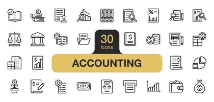 conjunto do 30 contabilidade ícone elemento definir. inclui relatório, Estatisticas, bancário, investimento, dinheiro, e mais. esboço ícones vetor coleção.
