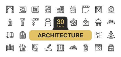 conjunto do 30 arquitetura ícone elemento definir. inclui casa, prédio, cúpula, parede, projeto, torre, e mais. esboço ícones vetor coleção.
