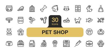 conjunto do 30 animal fazer compras ícone elemento conjuntos. inclui cachorro, gato, cachorro comida, animal tigela, cachorro brinquedos, gato brinquedos, colarinho, coleira, animal cama, e mais. esboço ícones vetor coleção.