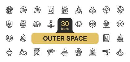 conjunto do 30 espaço ícone elemento conjuntos. inclui foguete, espaço sonda, telescópio, Preto buraco, planeta terra, lua, OVNI, Saturno, astronauta, e mais. esboço ícones vetor coleção.