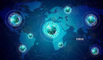 COVID-19. coronavírus surto Projeto com vírus célula dentro microscópico Visão em abstrato azul mundo mapa fundo. perigoso sars epidemia vetor ilustração para promocional bandeira ou folheto.