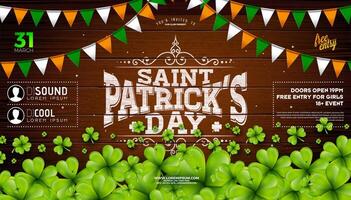 santo patrick's dia festa folheto ilustração com queda trevo folhas e bandeira em vintage madeira fundo. irlandês tradicional st. patricks dia por sorte celebração vetor Projeto para folheto, cumprimento cartão