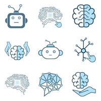 grupos do 9 artificial inteligência ícone, símbolos coleção, isolado forrado máquina ai ícone, conjunto do cérebro, cibernético, ai, cabeça, tecnologia conceitos vetor