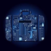 símbolo de mala com um circuito eletrônico tecnológico. fundo azul. vetor