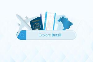 procurando bilhetes para Brasil ou viagem destino dentro brasil. procurando Barra com avião, Passaporte, embarque passar, bilhetes e mapa. vetor