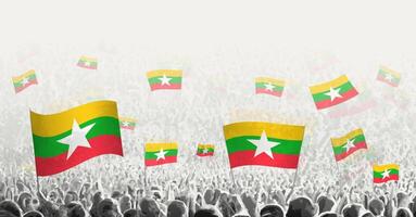 abstrato multidão com bandeira do myanmar. povos protesto, revolução, greve e demonstração com bandeira do myanmar. vetor