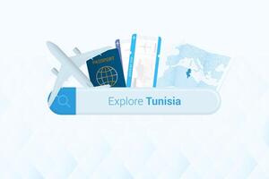 procurando bilhetes para Tunísia ou viagem destino dentro Tunísia. procurando Barra com avião, Passaporte, embarque passar, bilhetes e mapa. vetor