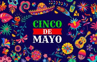 cinco de maionese bandeira, flores e mexicano guitarra vetor