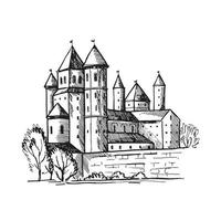 castelos medievais torres antigas edifícios arquitetura vintage antigos castelos góticos ilustrações desenhadas à mão torre da cidade passeios turísticos construção castelo famoso vetor