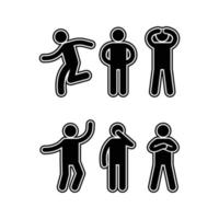 bonequinhos silhuetas humanas pictograma ação poses diferentes expressões diálogo em pé correndo homem vetor símbolos ilustração silhueta humana vara homem postura
