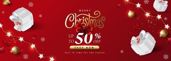 banner de promoção de venda de feliz natal com caixa de presente e decoração festiva em fundo vermelho vetor