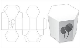 caixa hexagonal com modelo de recorte de janela de balões de natal vetor