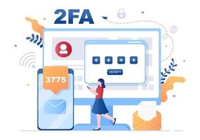 2fa autenticação de duas etapas, senha, aviso seguro, verificação de login ou sms com código, um smartphone para o site, em ilustração vetorial plana vetor