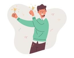 uma homem dentro casual roupas com estrelinhas. alegre homem de negocios a comemorar uma feriado às trabalhos dentro a escritório. vetor isolado plano ilustração.