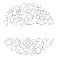 vetor volta quadro, Armação com mão desenhado Preto esboço Maquiagem elementos para palavras e texto. batom, olho sombra, corar, esponja e unha polonês. isolado vinheta com cosméticos para Projeto e plano faixas