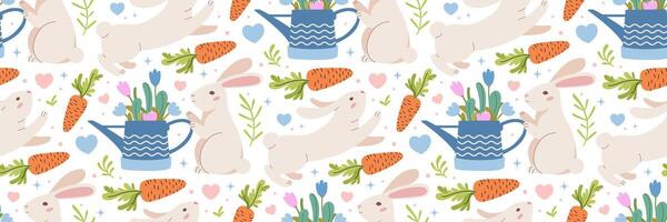 Páscoa coelho, cenoura e jardim rega pode desatado padronizar. fundo com coelhos, vegetação. tradicional festivo fundo. para cumprimento cartão, bandeira, têxteis, papel de parede. vetor ilustração