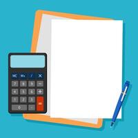 calculadora e caneta com em branco papel vetor