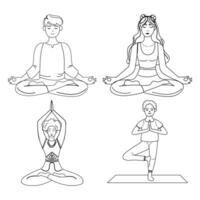 coleção esboço do mulher, homem pessoas sentado dentro ioga pose vetor