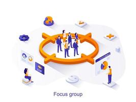 conceito de web isométrica do grupo de foco. as pessoas estudam o público, visam o grupo, pesquisam dados e o comportamento do cliente. cena do método de pesquisa de mercado. ilustração vetorial para modelo de site em design 3D vetor