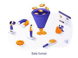 conceito de web isométrica de funil de venda. as pessoas estudam o comportamento do cliente, a comunicação empresarial com o cliente, a compra. cena de ferramenta analítica de marketing. ilustração vetorial para modelo de site em design 3D vetor