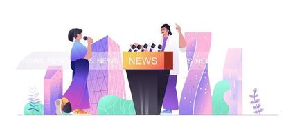 conceito de jornalismo para banner da web. mulher jornalista tira comentário ou entrevista, apresentador de notícias no estúdio de tv, cena de pessoas modernas. ilustração vetorial no design plano dos desenhos animados com personagens pessoais vetor