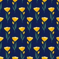 amarelo papoilas em uma Sombrio fundo, desatado padronizar. verão floral vetor ilustração. Primavera Prado botânico imprimir, flores silvestres papel de parede, tecido. moderno estilo Projeto