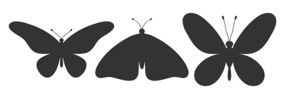 conjunto do três borboleta silhuetas. inseto ícones, tatuagens. simples Preto formas do borboletas e mariposas. vetor ilustração