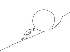 desenhar uma linha do uma paciente pessoa tentando para empurrar uma Rocha acima uma montanha vetor