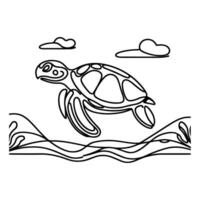 contínuo 1 Preto linha mão desenhando tartaruga marinho animal rabisco vetor ilustração em branco