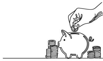 contínuo 1 Preto linha mão colocando moedas queda dentro porquinho banco rabisco estilo vetor ilustração em branco fundo