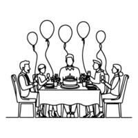 solteiro contínuo desenhando Preto linha família jantar sentado às mesa para celebração aniversário aniversário festa rabiscos vetor
