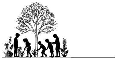 contínuo 1 Preto linha arte desenhando silhueta do crianças plantio árvore. pá escavações raízes plantar para dentro terra para Salve  a mundo e terra dia reduzir global aquecimento crescimento vetor