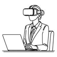 solteiro contínuo desenhando Preto linha arte linear mulher dentro escritório usando virtual realidade fone de ouvido simulador óculos com computador rabisco estilo esboço vetor