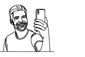 contínuo 1 Preto linha arte desenhando alegre jovem homem segurando Smartphone para levando agindo selfie ou vídeo ligar através Móvel telefone esboço rabisco vetor família viagem conceito