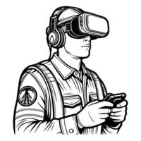 solteiro contínuo desenhando Preto linha arte linear homem de negocios dentro escritório usando virtual realidade fone de ouvido simulador óculos com computador rabisco estilo esboço vetor