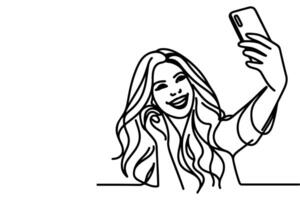 contínuo 1 Preto linha arte desenhando alegre jovem menina segurando Smartphone para levando agindo selfie ou vídeo ligar através Móvel telefone esboço rabisco vetor família viagem conceito