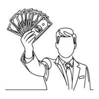 contínuo 1 linha homem de negocios exibindo uma espalhar do nos dólar dinheiro, segurando dinheiro para mostrando rabisco vetor ilustração em branco fundo