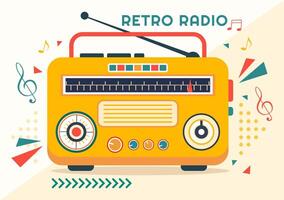 retro rádio vetor ilustração com jogador estilo para registro, velho receptor, entrevistas celebridade e ouvindo para música dentro plano desenho animado fundo