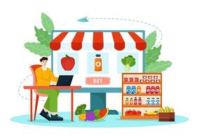conectados mercearia loja vetor ilustração com Comida produtos prateleiras, prateleiras laticínio, frutas e bebidas para compras ordem através da Telefone dentro fundo