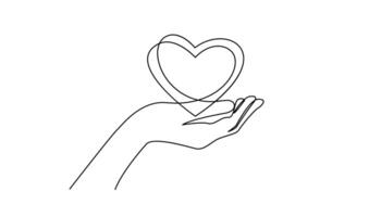 contínuo 1 linha desenhando mão segurando coração. caridade doação linear símbolo vetor