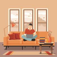 homem com a computador portátil trabalho remotamente em a sofá às lar. outono interior vetor ilustração