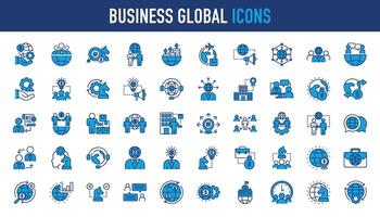 o negócio global ícone definir. o negócio equipe, reunião, parceria, comece, planejamento, internacional organização, empresa, gerenciamento, lucro e bem sucedido chave ícones. sólido ícones vetor coleção.