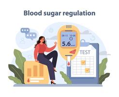 sangue açúcar regulamento guia. uma mulher interage com uma glicose metro. vetor