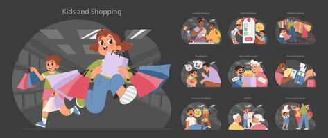 crianças e compras definir. plano vetor ilustração