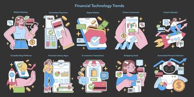 fintech tendências definir. plano vetor ilustração.