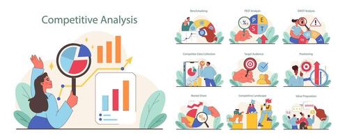 competitivo análise conceito. o negócio estratégia avaliação com gráficos e dados. vetor