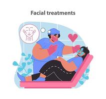 calmante facial tratamentos. uma cliente relaxa durante uma spa sessão com uma mascarar inscrição para cuidados com a pele. vetor
