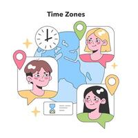 global companheiros de equipe interagir através Tempo zonas. plano vetor ilustração