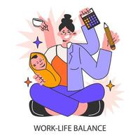 vida de trabalho equilíbrio. mulher balanceamento trabalhos e vida. menina com criança vetor